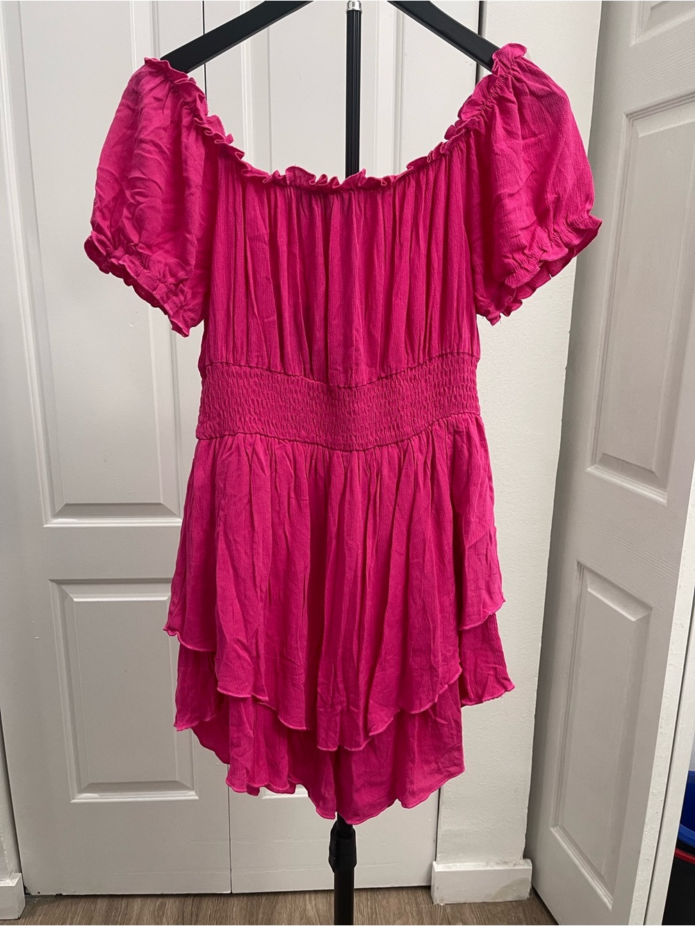 Hot Pink Off-Shoulder Ruffle Mini Dress - Picture 2 of 3